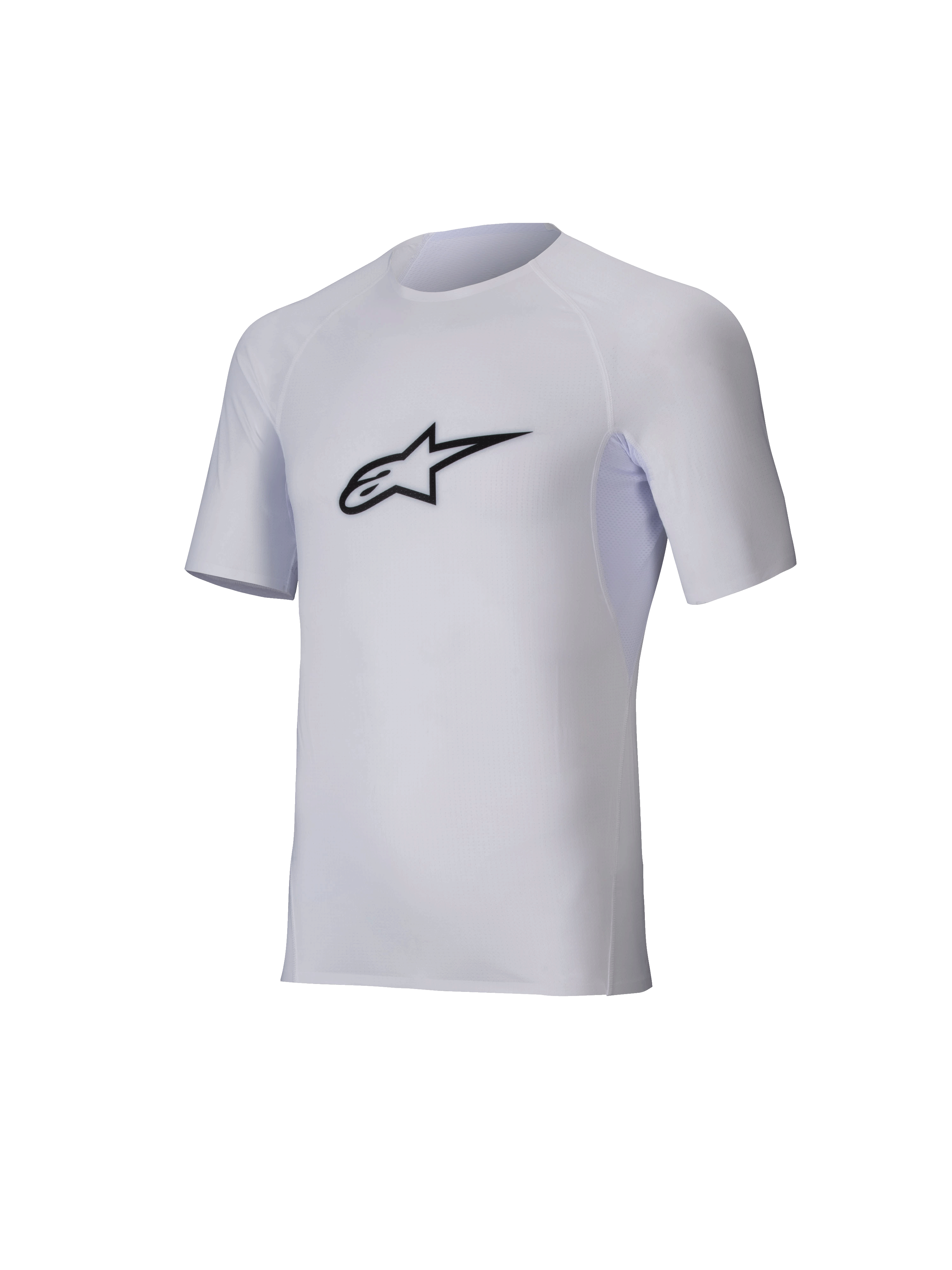 Alpinestars Tech KX Sim Top, couche de base de karting à manches courtes, blanc, logo Astar noir sur la poitrine, maille extensible légère avec coupes ergonomiques, équipement de performance technique