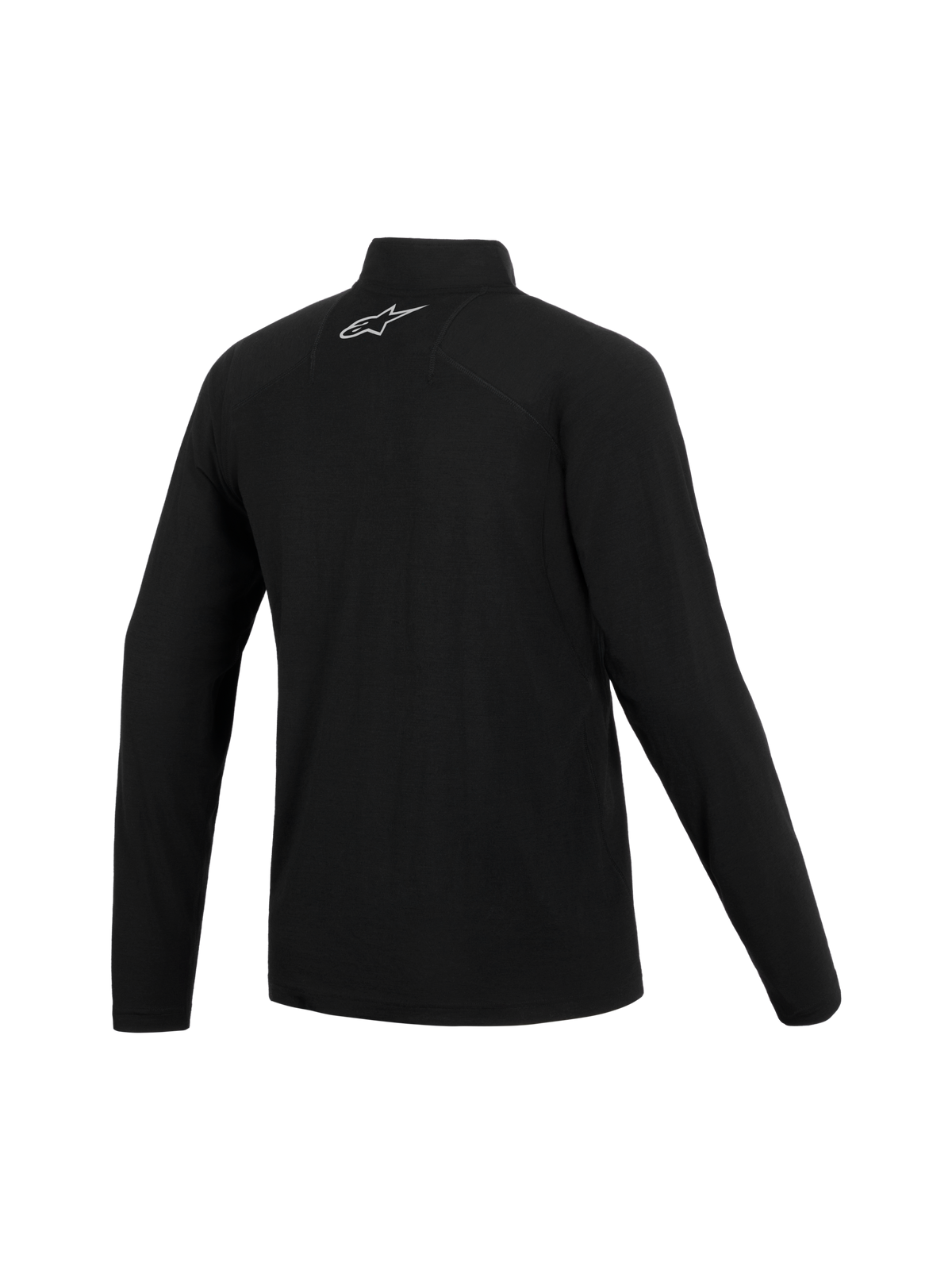 Alpinestars At 8 Merino Top Layer, sous-couche technique à manches longues pour moto, noir, construction en mélange de laine mérinos, vue de dos montrant le col et le logo