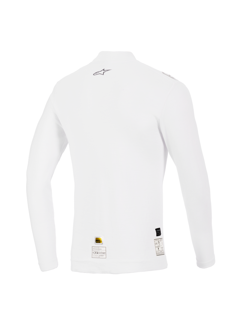 Haut à manches longues Alpinestars ZX Evo V3, blanc, vue arrière, sous-vêtement technique de course automobile résistant aux flammes avec petit logo Alpinestars gris en haut du dos et étiquettes d'homologation à l'ourlet, coupe performance et texture douce