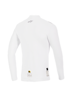Haut à manches longues Alpinestars ZX Evo V3, blanc, vue arrière, sous-vêtement technique de course automobile résistant aux flammes avec petit logo Alpinestars gris en haut du dos et étiquettes d'homologation à l'ourlet, coupe performance et texture douce