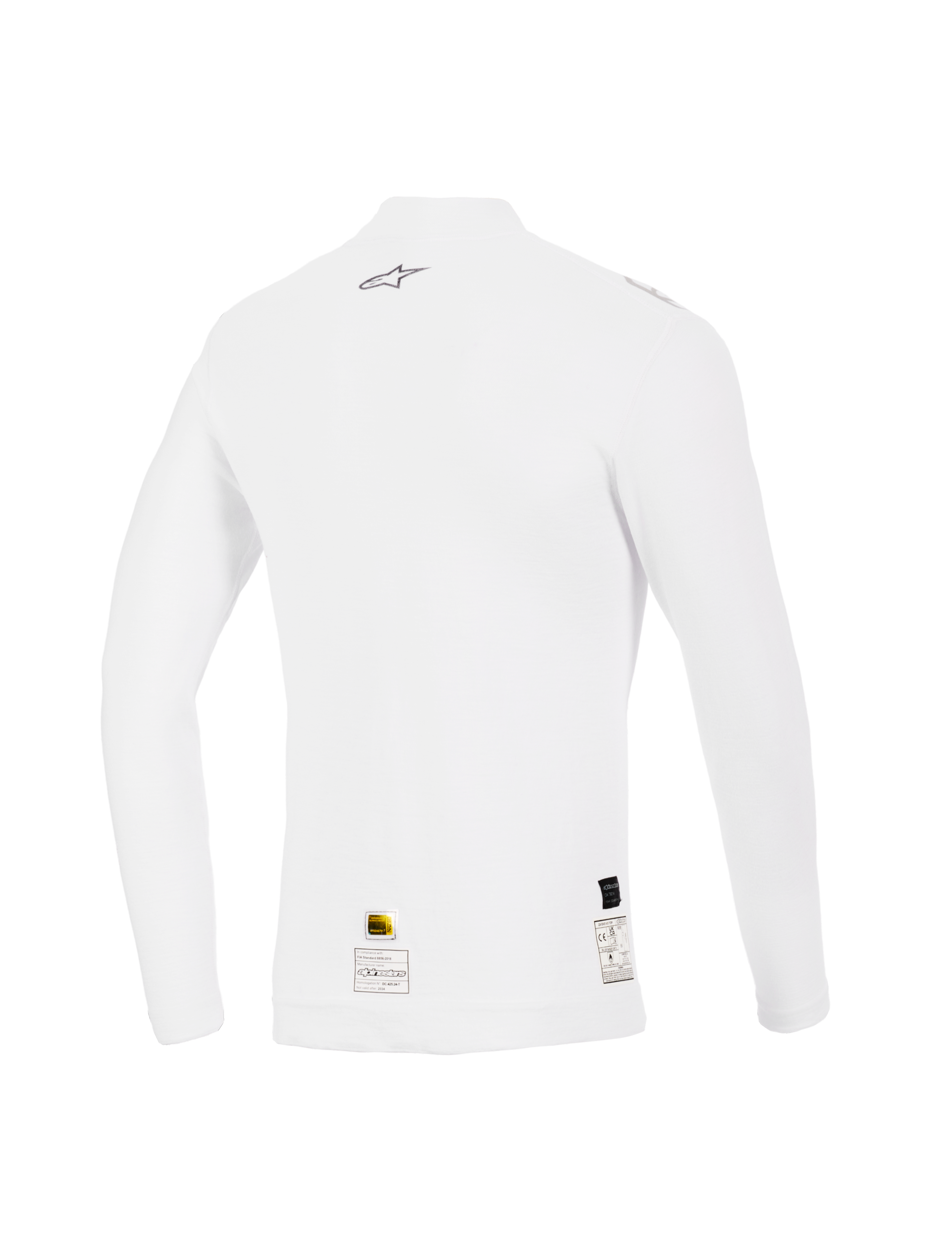 Haut à manches longues Alpinestars ZX Evo V3, blanc, vue arrière, sous-vêtement technique de course automobile résistant aux flammes avec petit logo Alpinestars gris en haut du dos et étiquettes d'homologation à l'ourlet, coupe performance et texture douce
