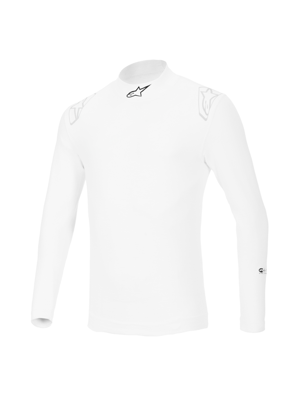 Haut à manches longues Alpinestars ZX Evo V3, sous-vêtement technique de course automobile blanc, conception résistante aux flammes avec logo étoile noir sur le col et logos blancs discrets sur les épaules, équipement de sport automobile professionnel