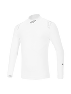 Haut à manches longues Alpinestars ZX Evo V3, sous-vêtement technique de course automobile blanc, conception résistante aux flammes avec logo étoile noir sur le col et logos blancs discrets sur les épaules, équipement de sport automobile professionnel
