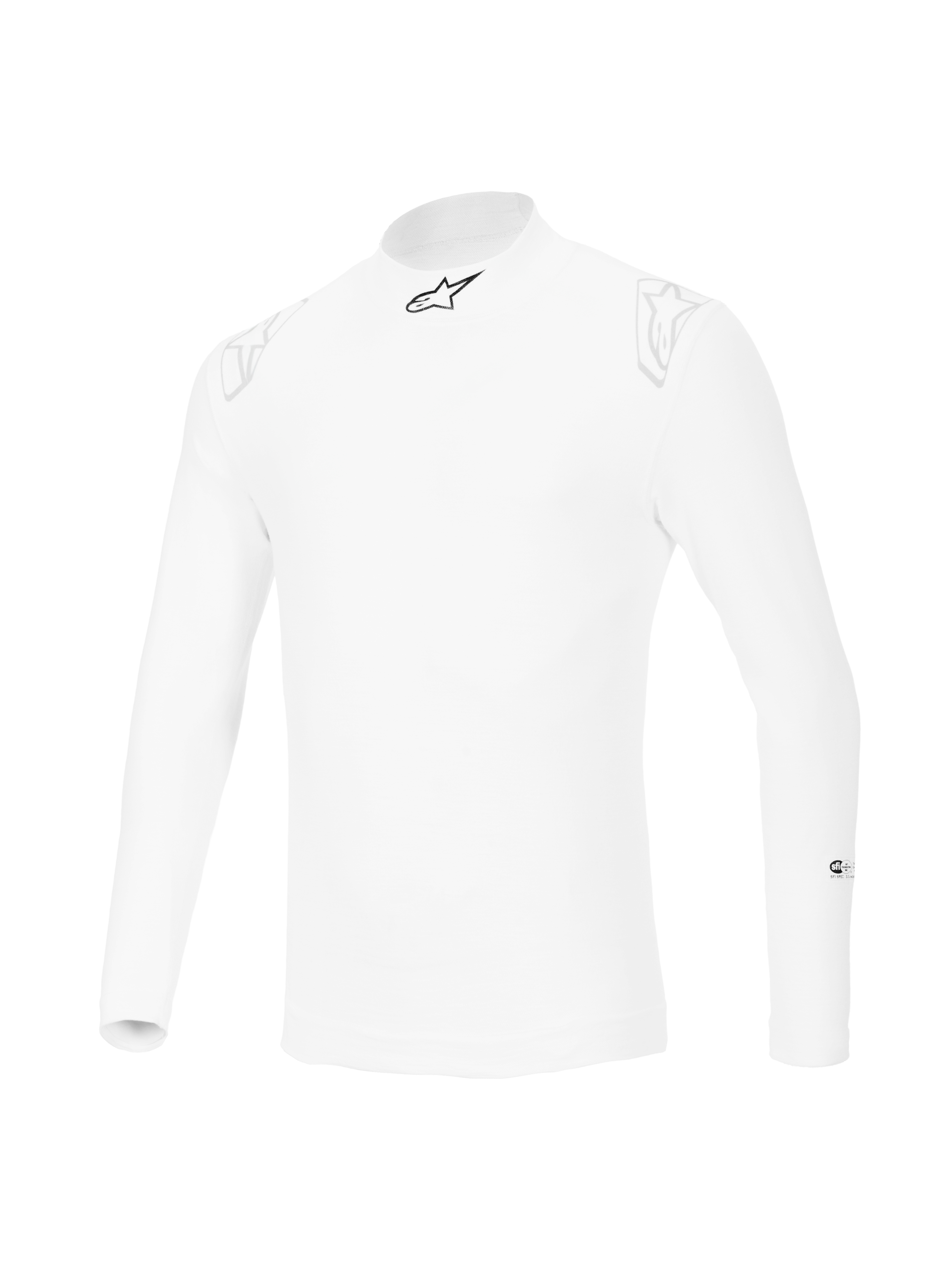 Haut à manches longues Alpinestars ZX Evo V3, sous-vêtement technique de course automobile blanc, conception résistante aux flammes avec logo étoile noir sur le col et logos blancs discrets sur les épaules, équipement de sport automobile professionnel