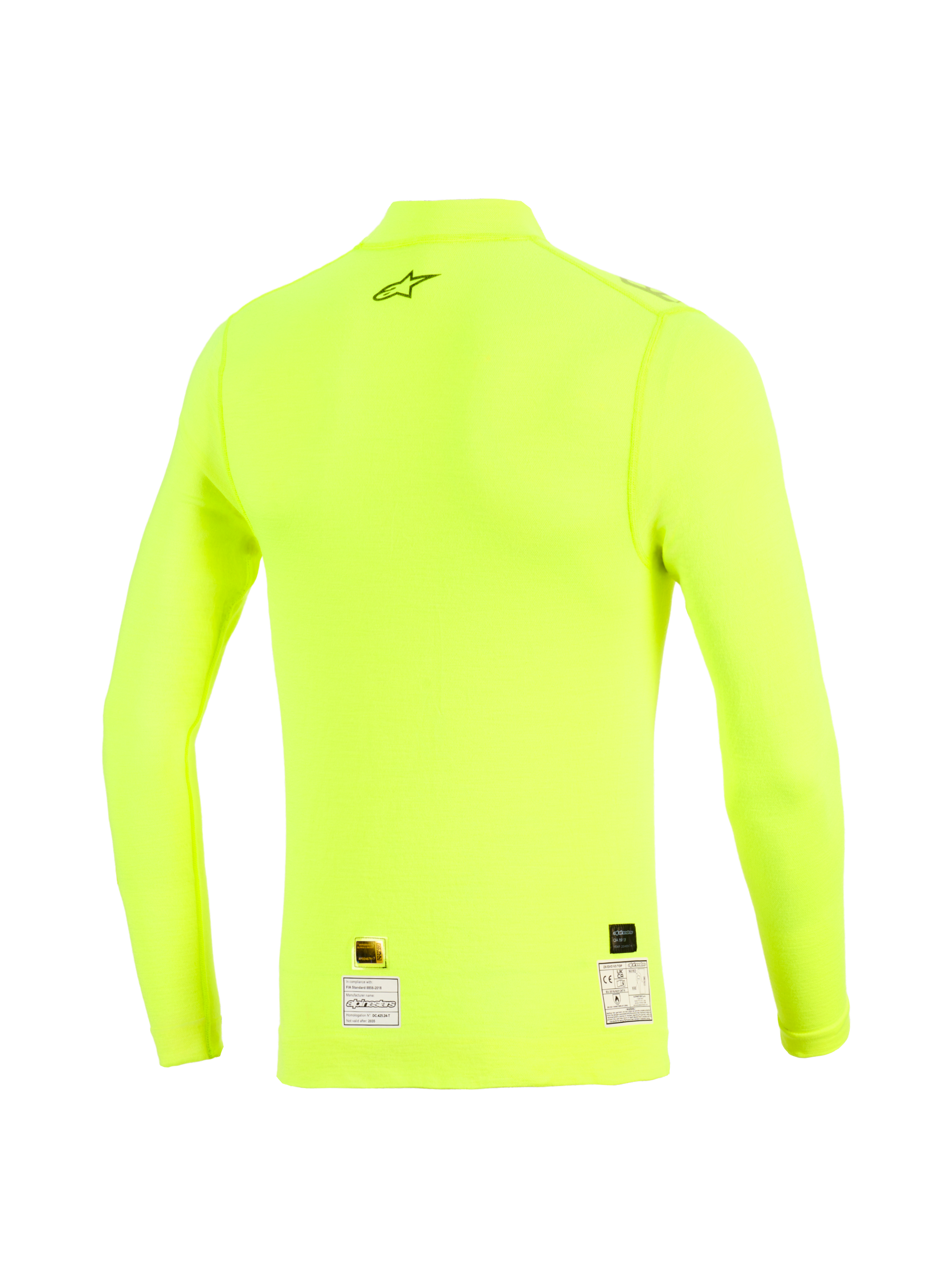 Haut à manches longues Alpinestars ZX Evo V3, vue arrière, jaune fluo, sous-couche jaune fluorescent résistante aux flammes avec logo étoile noir sur le haut du dos et étiquettes d'homologation à l'ourlet, vêtement technique de sport automobile