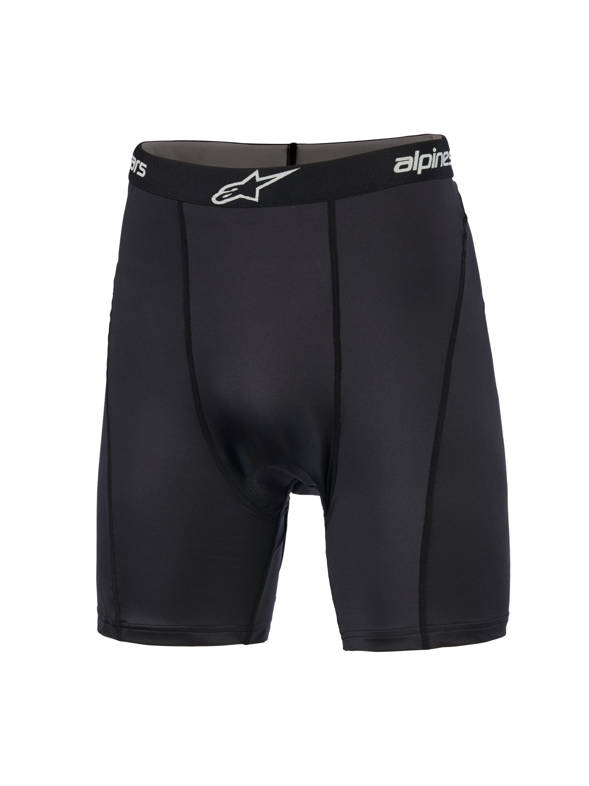 Alpinestars MX Boxer Padded, Motocross Base Layer, Black, compression shorts featuring a branded elastic waistband with white logo, vertical flat-profile stitching, and smooth-knit stretch fabric designed for off-road riding comfort