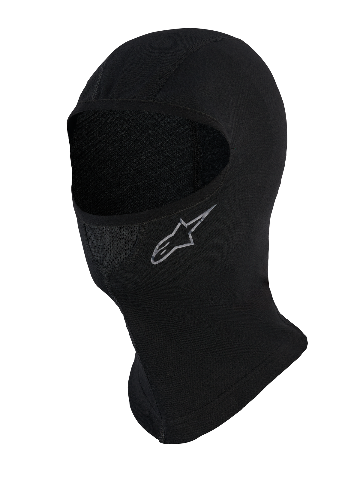 Alpinestars At 8 Merino, cagoule de moto noire en mélange de laine mérinos avec empiècement perforé à la bouche et couverture étendue du cou
