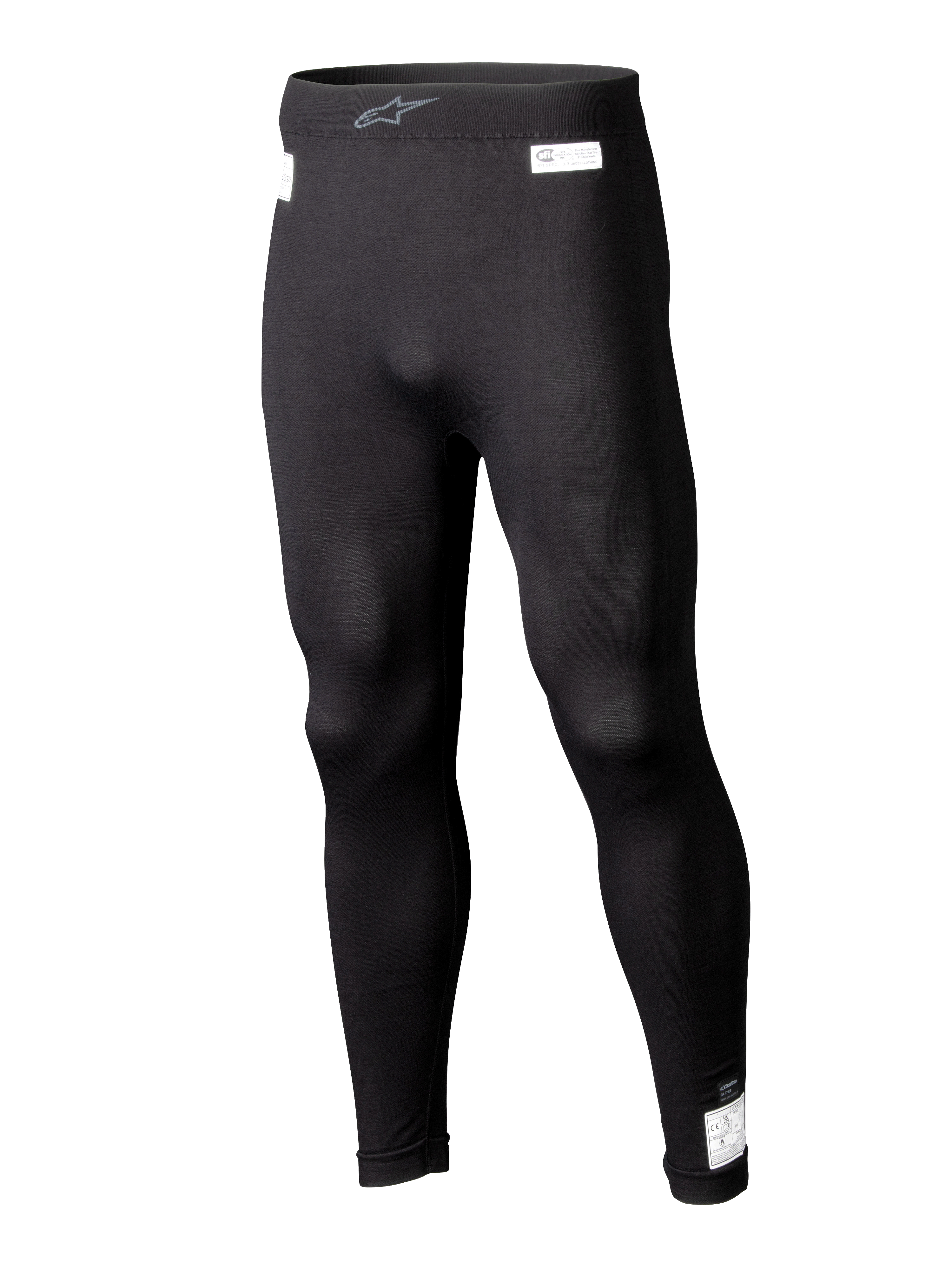 Alpinestars ZX Evo V3 Bottom, Black Motorsport Base Layer Leggings, Flame-resistant racing underwear, full-length design with white FIA and SFI certification labels, elastic waistband with grey Astars logo, sleek tapered fit