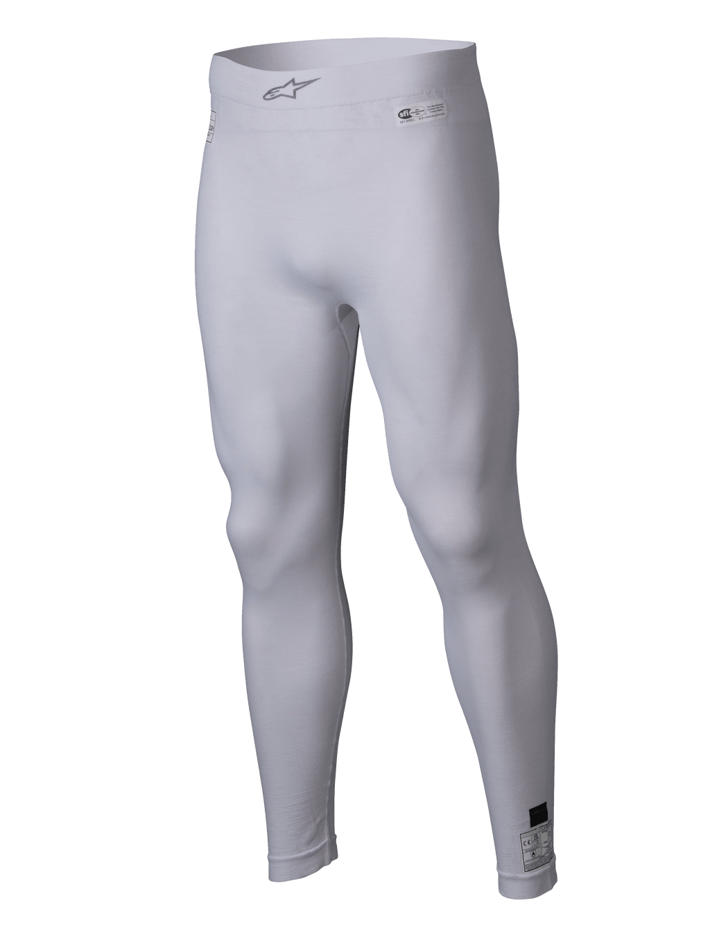 Alpinestars ZX Evo V3 Bottom, sous-vêtement de course automobile blanc, leggings de compression résistants aux flammes, avec logo Alpinestars sur la taille élastique et étiquettes d'homologation, tissu extensible léger pour la performance en sport automobile