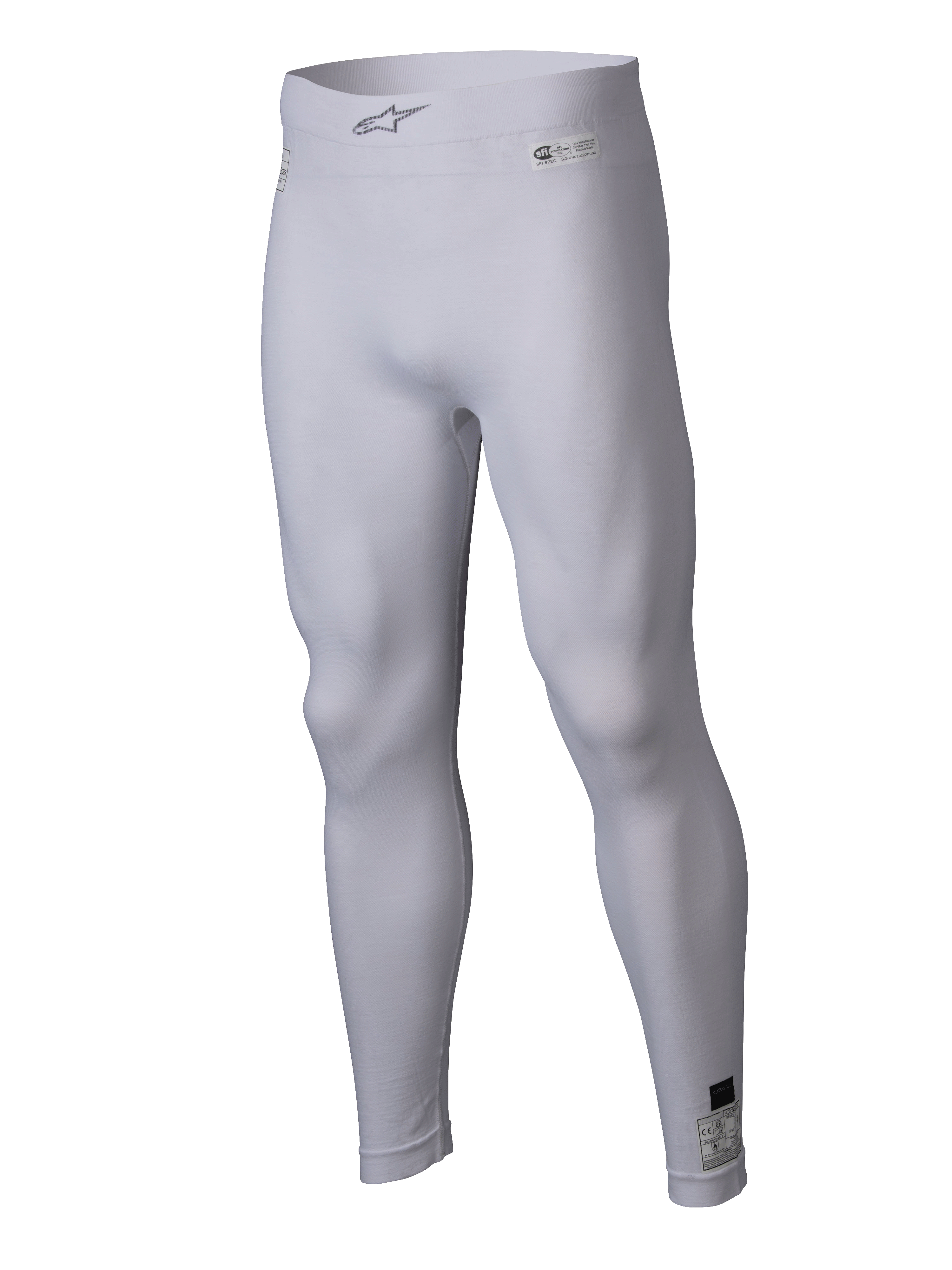 Alpinestars ZX Evo V3 Bottom, sous-vêtement de course automobile blanc, leggings de compression résistants aux flammes, avec logo Alpinestars sur la taille élastique et étiquettes d'homologation, tissu extensible léger pour la performance en sport automobile