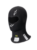 Alpinestars ZX Balaclava Evo V2 FIA/SFI, cagoule de course noire, ouverture unique pour les yeux avec logos blancs, étiquettes d'homologation FIA et SFI visibles sur le cou, tissu technique ignifugé pour le sport automobile professionnel