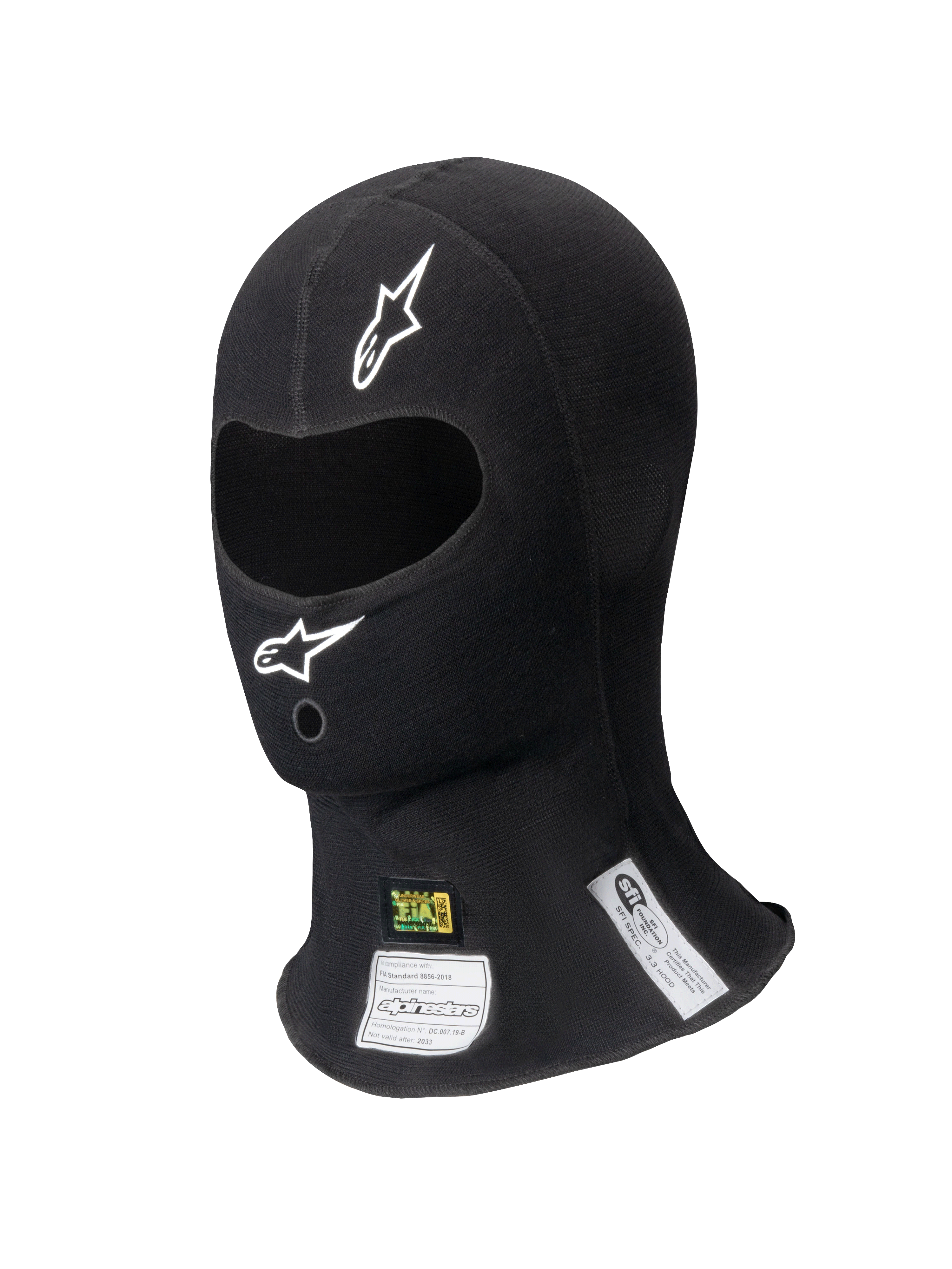 Alpinestars ZX Balaclava Evo V2 FIA/SFI, cagoule de course noire, ouverture unique pour les yeux avec logos blancs, étiquettes d'homologation FIA et SFI visibles sur le cou, tissu technique ignifugé pour le sport automobile professionnel