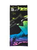 Cache-cou Alpinestars Buff Ignite, noir avec graphismes abstraits rose, jaune, bleu et violet fluorescents, logo étoile Alpinestars et marquage Buff, tour de cou léger sans couture pour la moto