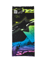 Cache-cou Alpinestars Buff Ignite, noir avec graphismes abstraits rose, jaune, bleu et violet fluorescents, logo étoile Alpinestars et marquage Buff, tour de cou léger sans couture pour la moto