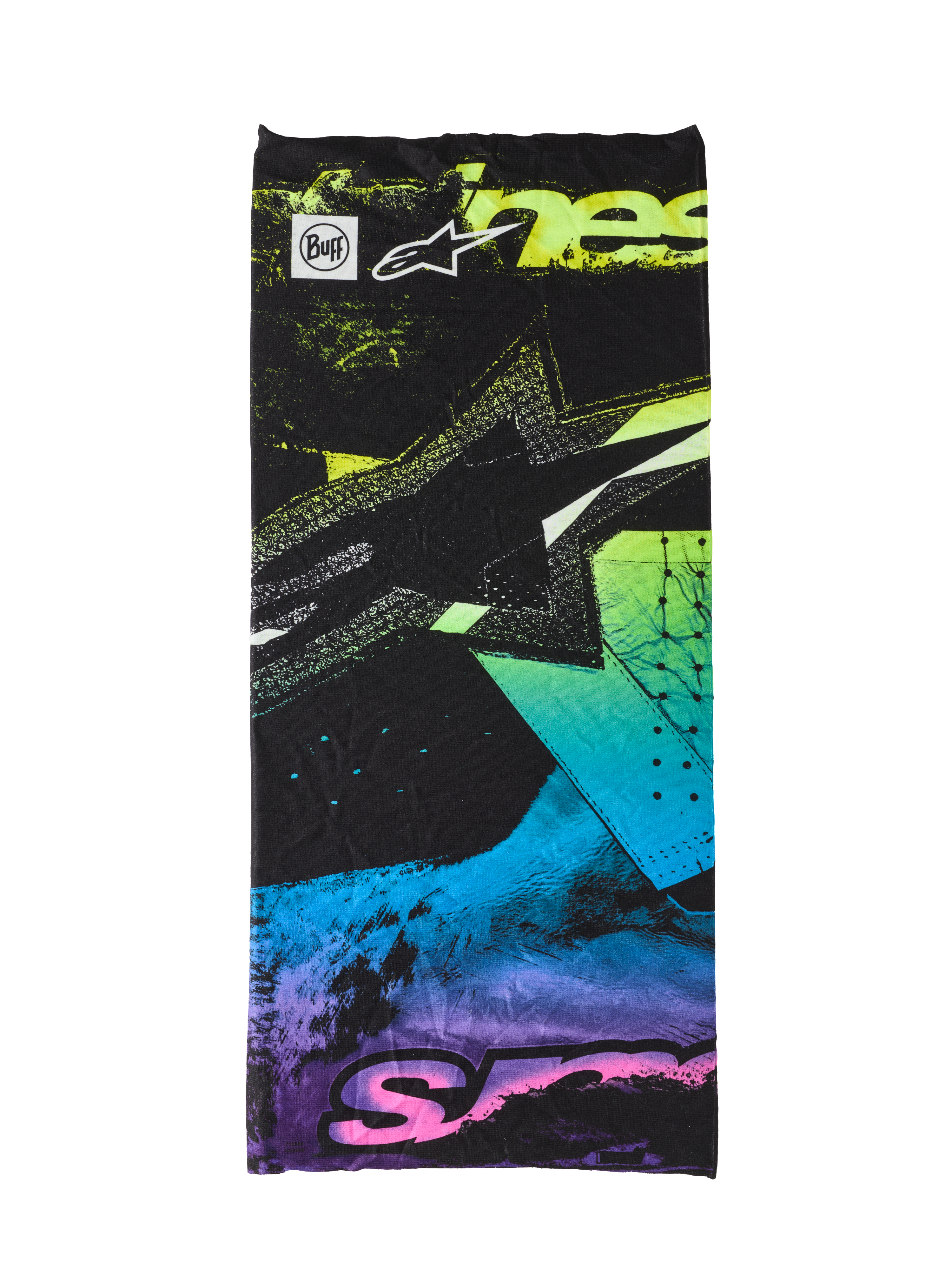 Cache-cou Alpinestars Buff Ignite, noir avec graphismes abstraits rose, jaune, bleu et violet fluorescents, logo étoile Alpinestars et marquage Buff, tour de cou léger sans couture pour la moto