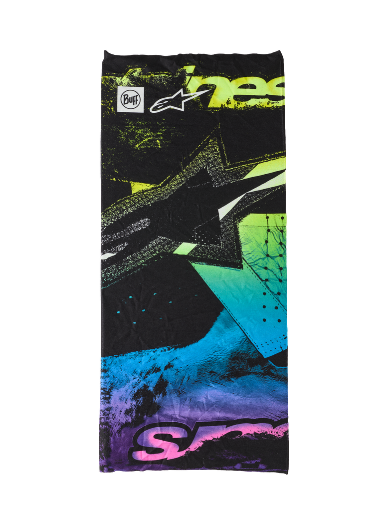 Cache-cou Alpinestars Buff Ignite, noir avec graphismes abstraits rose, jaune, bleu et violet fluorescents, logo étoile Alpinestars et marquage Buff, tour de cou léger sans couture pour la moto