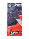 Alpinestars Buff Ignite Neck Tube, tour de cou multifonctionnel, noir et rouge vif avec détails blancs, arborant un large motif d'étoile, logos Alpinestars et Buff, design sportif pour la conduite à moto