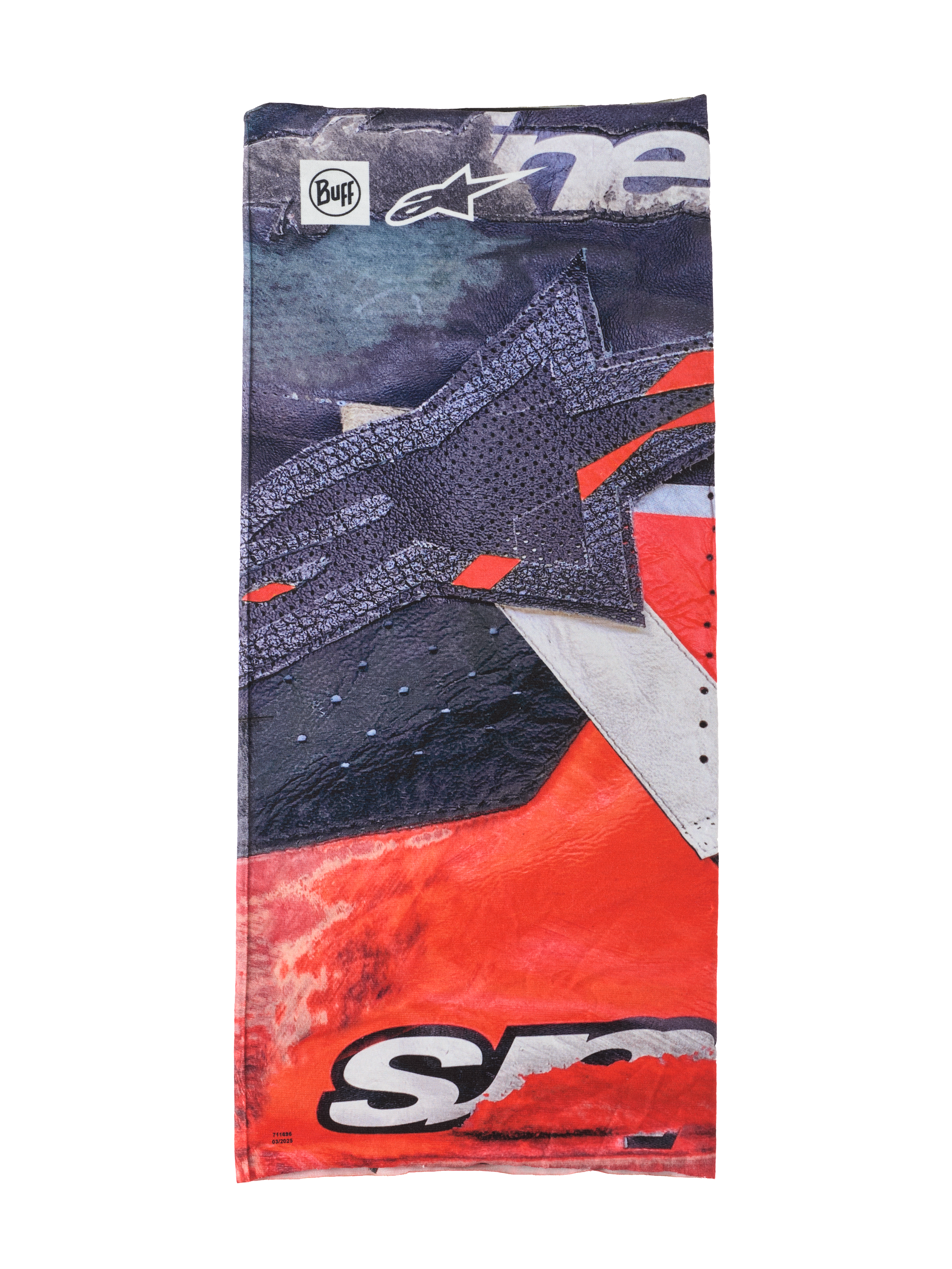Alpinestars Buff Ignite Neck Tube, tour de cou multifonctionnel, noir et rouge vif avec détails blancs, arborant un large motif d'étoile, logos Alpinestars et Buff, design sportif pour la conduite à moto