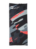 Buff Mogress Neck Tube, tour de cou multifonctionnel, Black Camo Red Fluo, motif abstrait noir, gris et rouge fluorescent, tissu léger sans couture avec les logos Buff et l'étoile Alpinestars