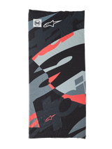 Buff Mogress Neck Tube, tour de cou multifonctionnel, motif abstrait noir, gris, bleu clair et rouge, texture lisse, design dynamique avec formes géométriques, logos Buff et Alpinestars visibles