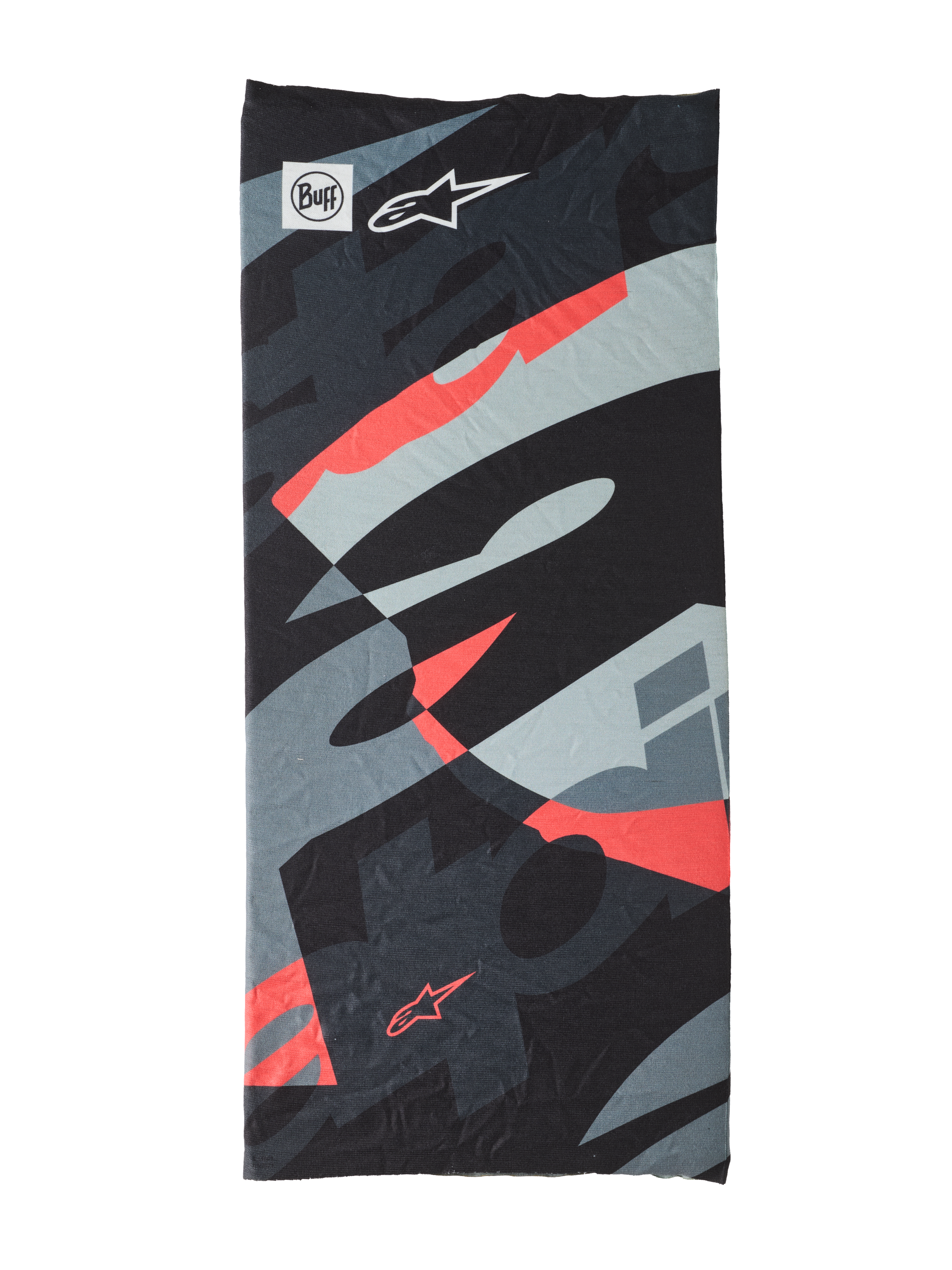 Buff Mogress Neck Tube, tour de cou multifonctionnel, motif abstrait noir, gris, bleu clair et rouge, texture lisse, design dynamique avec formes géométriques, logos Buff et Alpinestars visibles