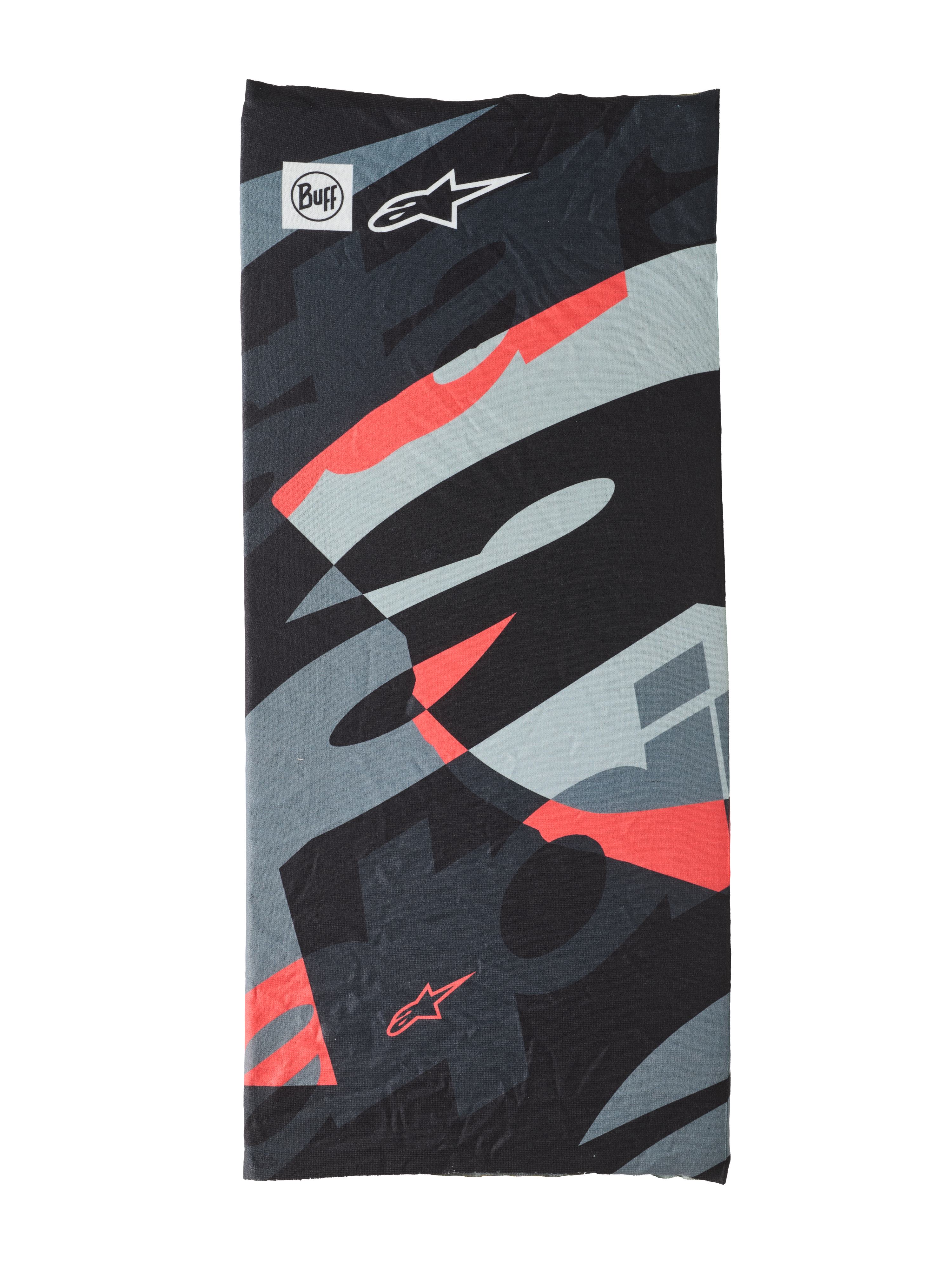 Buff Mogress Neck Tube, tour de cou multifonctionnel, Black Camo Red Fluo, motif abstrait noir, gris et rouge fluorescent, tissu léger sans couture avec les logos Buff et l'étoile Alpinestars