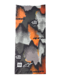 Alpinestars Buff Nazca Neck Tube, tour de cou moto, camouflage gris et orange fluo, motif camouflage à trame numérique, logos Alpinestars et Buff avec marquage All Terra, tissu extensible 4 directions sans couture pour la conduite par temps chaud