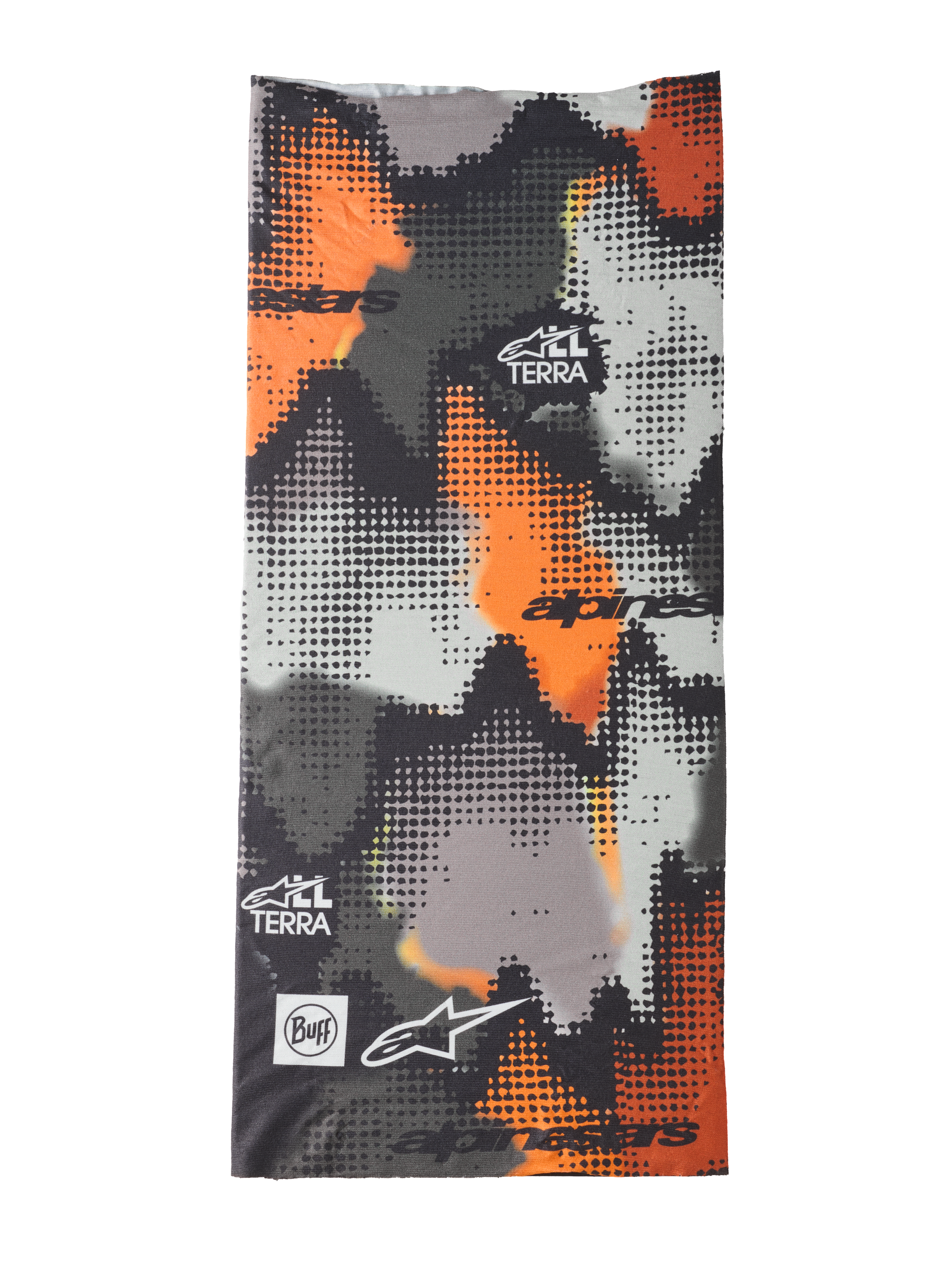 Alpinestars Buff Nazca Neck Tube, tour de cou moto, camouflage gris et orange fluo, motif camouflage à trame numérique, logos Alpinestars et Buff avec marquage All Terra, tissu extensible 4 directions sans couture pour la conduite par temps chaud