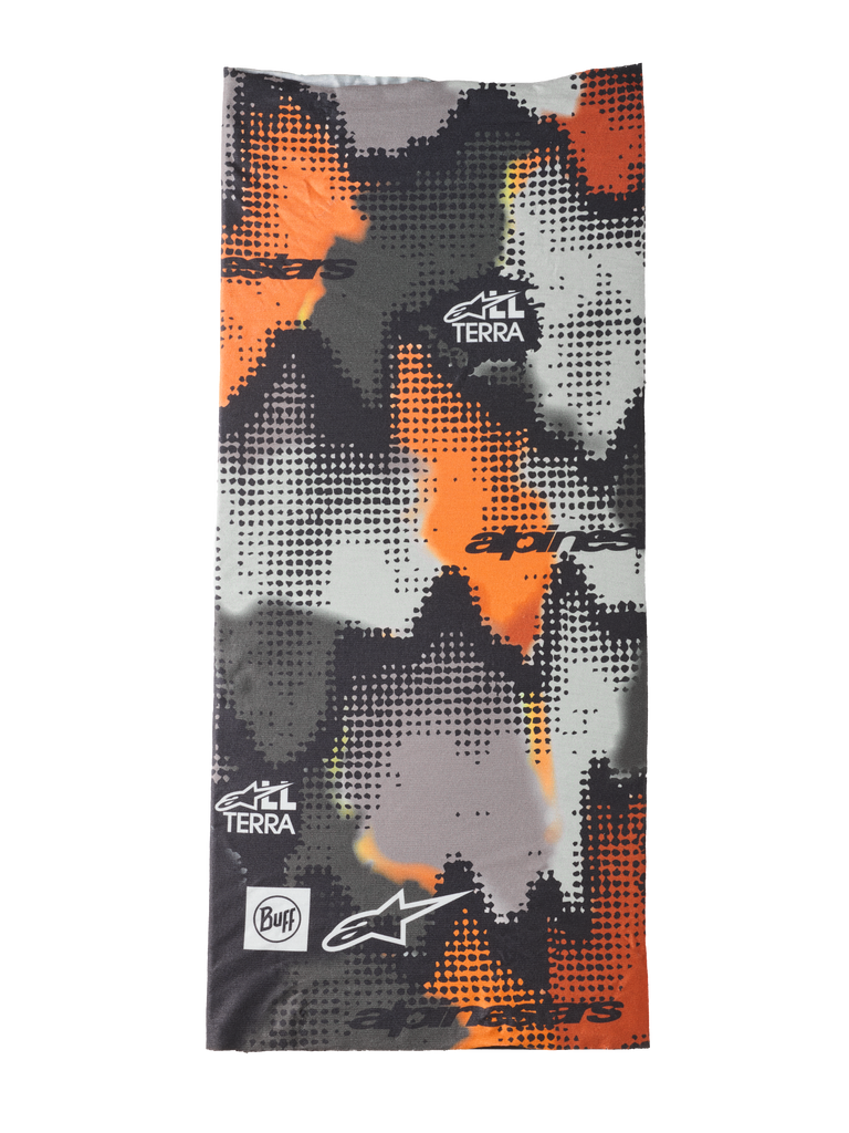 Buff Nazca Neck Tube, Motorcycle Neck Warmer, Orange Black Gray White, Camouflage Pattern, Alpinestars Collaboration, All Terrain Design, Smooth Fabric Texture