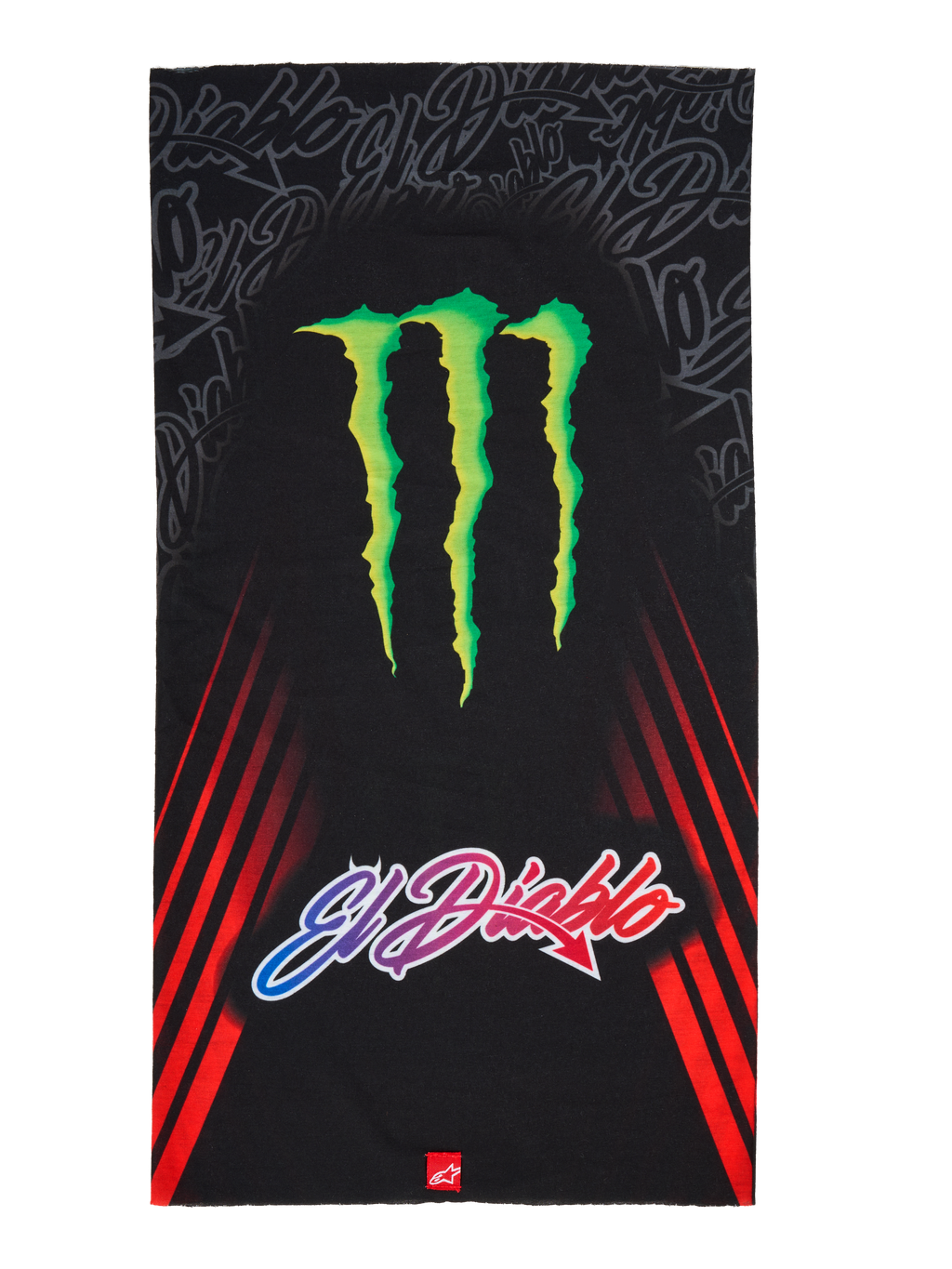 Alpinestars FQ20 Neck Tube Monster, tour de cou de moto, noir avec un grand logo Monster Energy vert et le texte « El Diablo » en dégradé, bandes de course diagonales rouges sur les côtés, accessoire textile léger pour rouler au printemps et en été