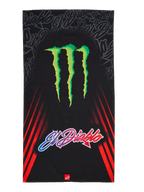 Alpinestars FQ20 Neck Tube Monster, tour de cou de moto, noir avec un grand logo Monster Energy vert et le texte « El Diablo » en dégradé, bandes de course diagonales rouges sur les côtés, accessoire textile léger pour rouler au printemps et en été