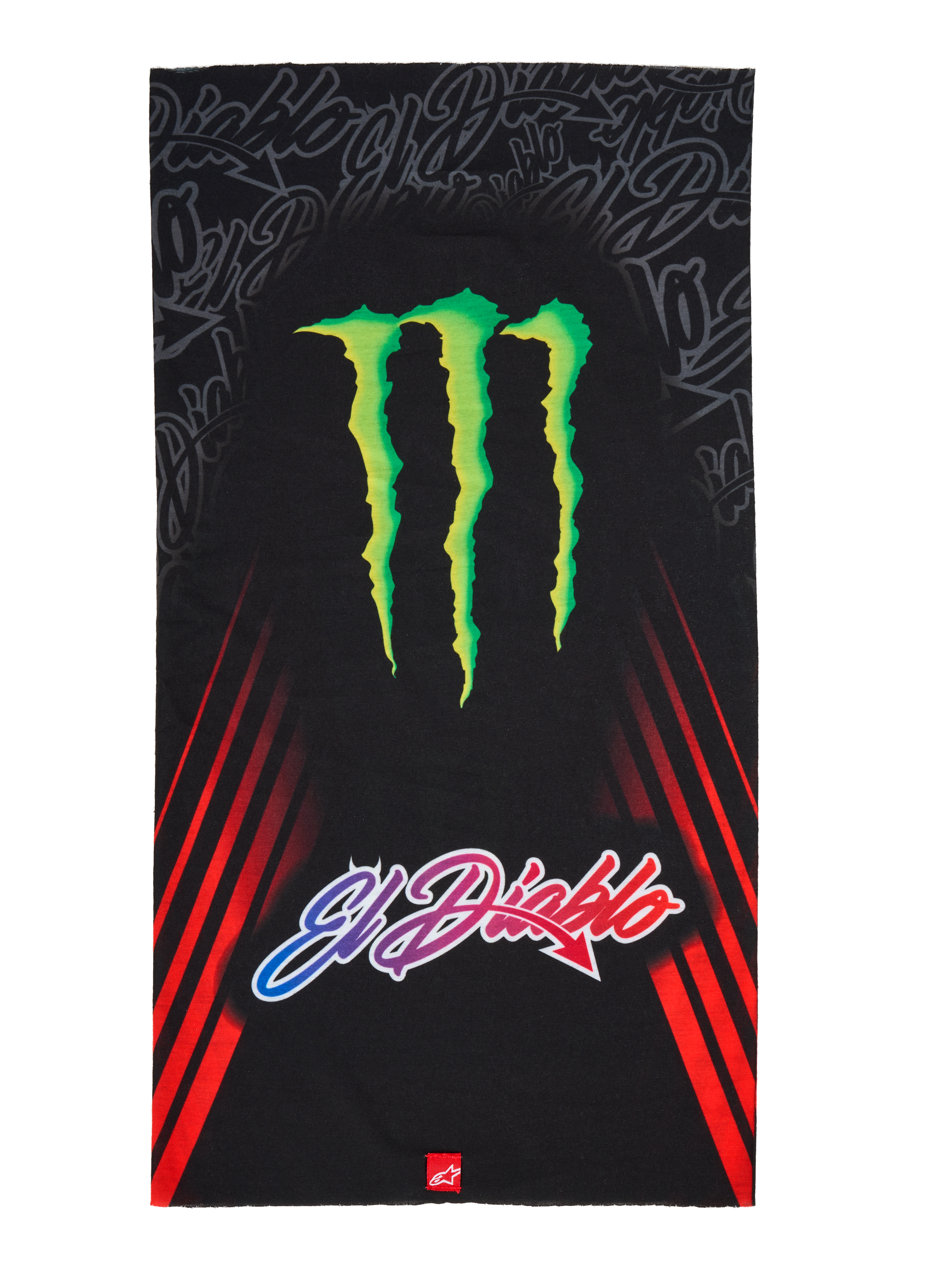 Alpinestars FQ20 Neck Tube Monster, tour de cou de moto, noir avec un grand logo Monster Energy vert et le texte « El Diablo » en dégradé, bandes de course diagonales rouges sur les côtés, accessoire textile léger pour rouler au printemps et en été