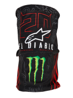 Alpinestars FQ20 Neck Tube Monster, tour de cou de moto léger, noir avec graphismes '20' rouges et 'El Diablo' blancs, logo Alpinestars blanc et griffe Monster Energy verte, accessoire inspiré de la course avec une texture textile soyeuse