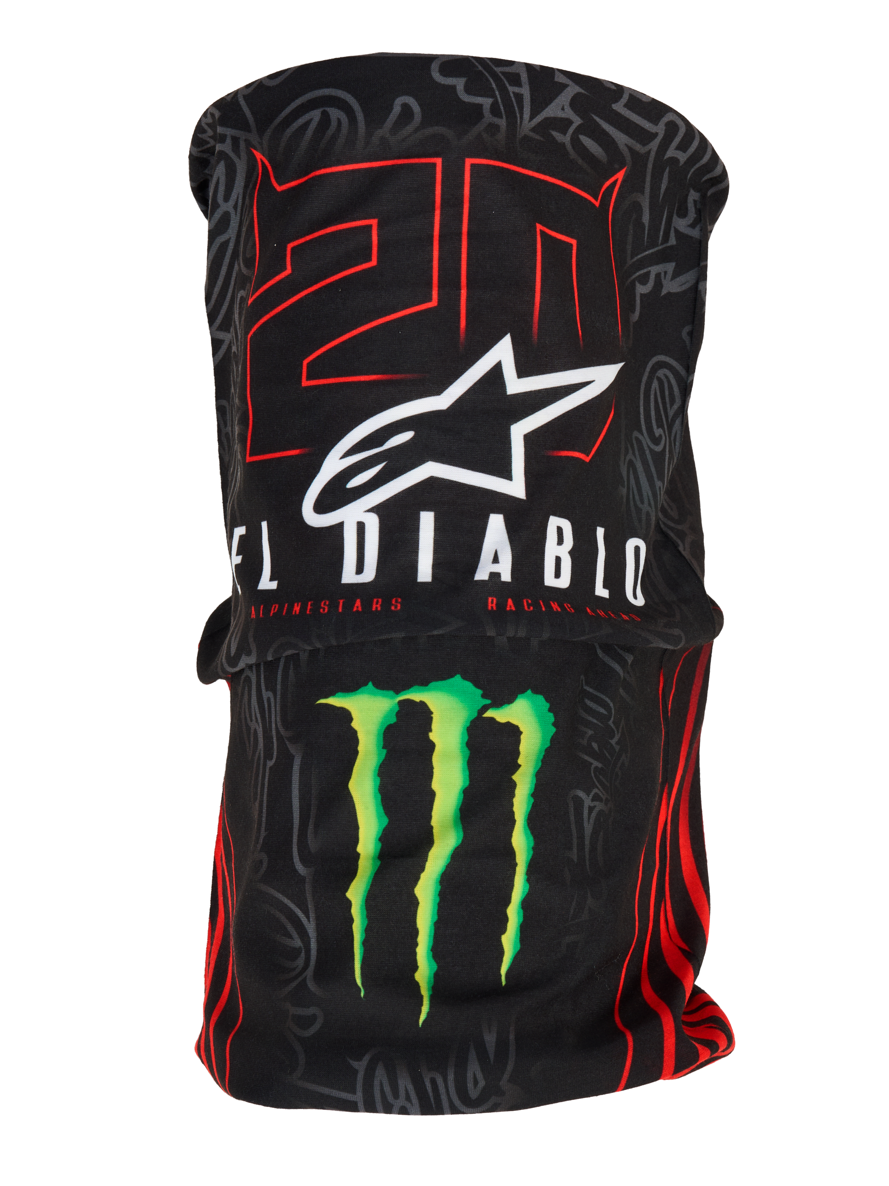 Alpinestars FQ20 Neck Tube Monster, lightweight motorcycle neck tube, black with red '20' and white 'El Diablo' graphics, white Alpinestars logo and green Monster Energy claw, racing-inspired accessory with a silky textile texture