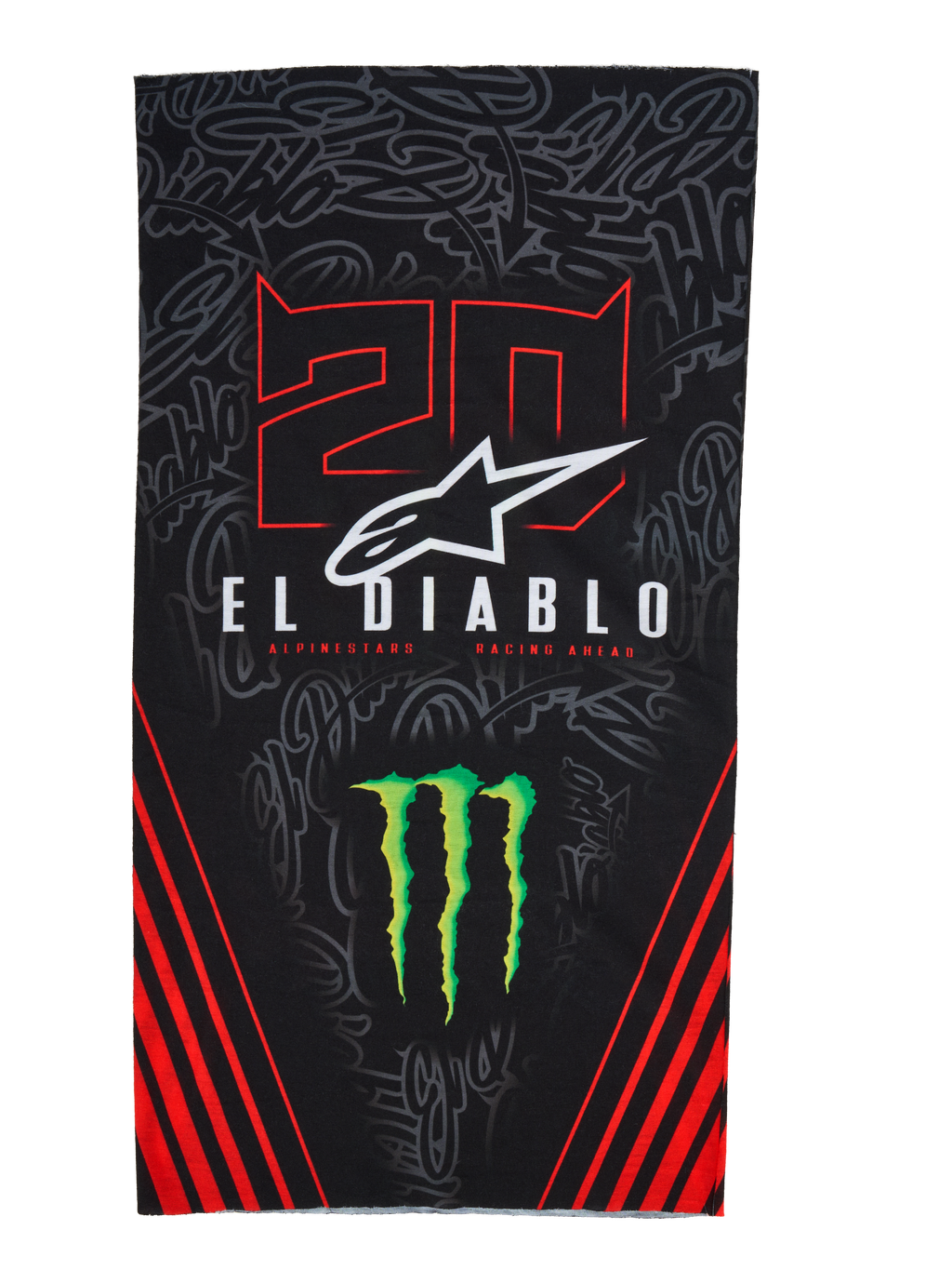 Alpinestars FQ20 Neck Tube Monster, tour de cou de moto léger, noir avec des touches rouges et vertes, arborant les graphismes « 20 » et « EL DIABLO », le logo de la griffe Monster Energy, le logo Alpinestars blanc et des bandes diagonales rouges sur un fond graffiti ton sur ton