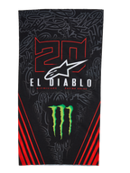 Alpinestars FQ20 Neck Tube Monster, tour de cou de moto léger, noir avec des touches rouges et vertes, arborant les graphismes « 20 » et « EL DIABLO », le logo de la griffe Monster Energy, le logo Alpinestars blanc et des bandes diagonales rouges sur un fond graffiti ton sur ton