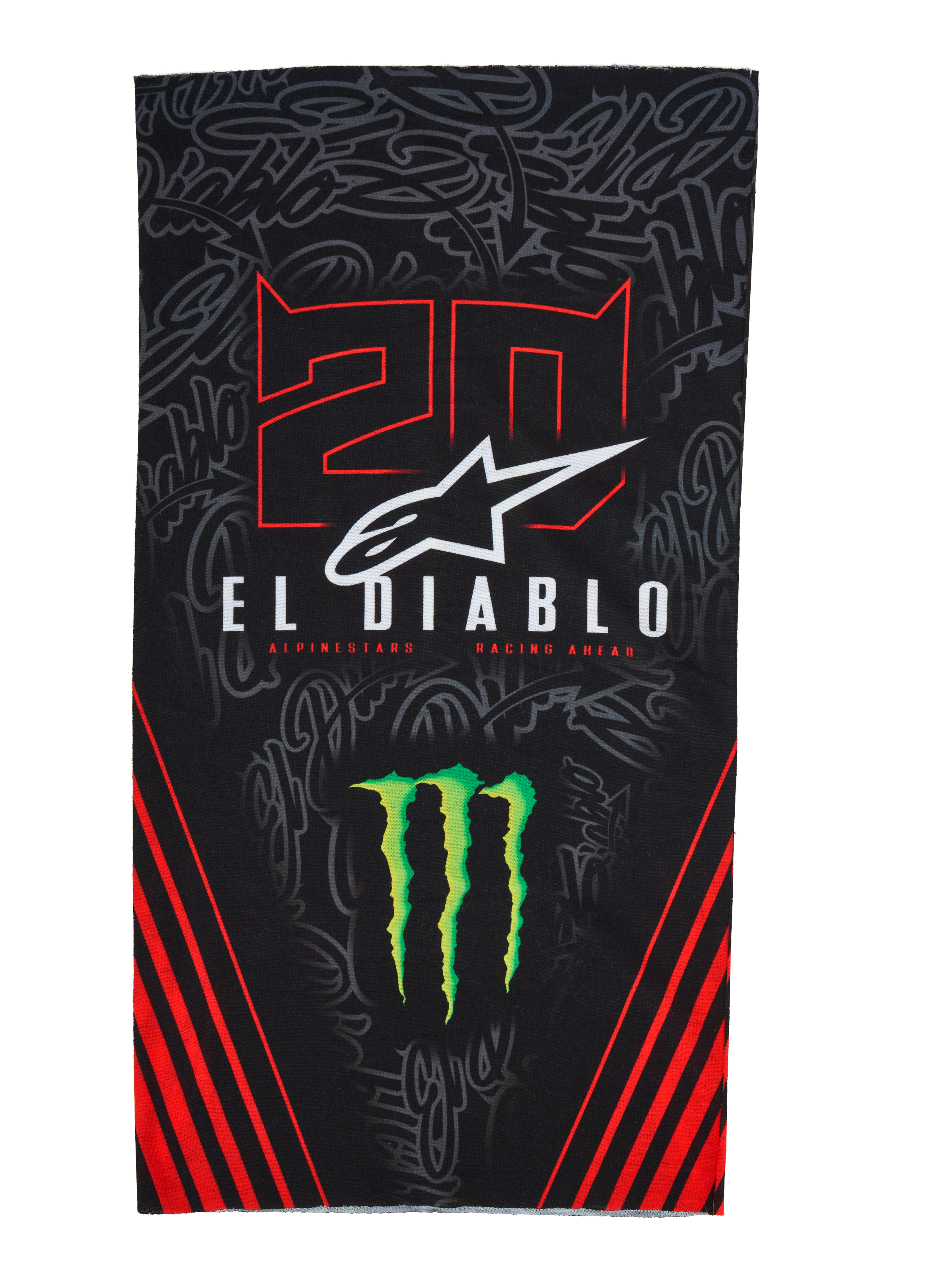 Alpinestars FQ20 Neck Tube Monster, tour de cou de moto léger, noir avec des touches rouges et vertes, arborant les graphismes « 20 » et « EL DIABLO », le logo de la griffe Monster Energy, le logo Alpinestars blanc et des bandes diagonales rouges sur un fond graffiti ton sur ton