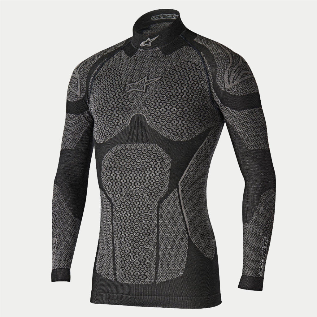 Alpinestars Ride Tech Top à manches longues Winter, sous-couche technique de moto, noir et gris, haut technique à manches longues avec panneaux texturés en nid d'abeille à double densité, coupe compressive, col montant avec logo Alpinestars blanc, sous-vêtement thermique de performance pour le froid