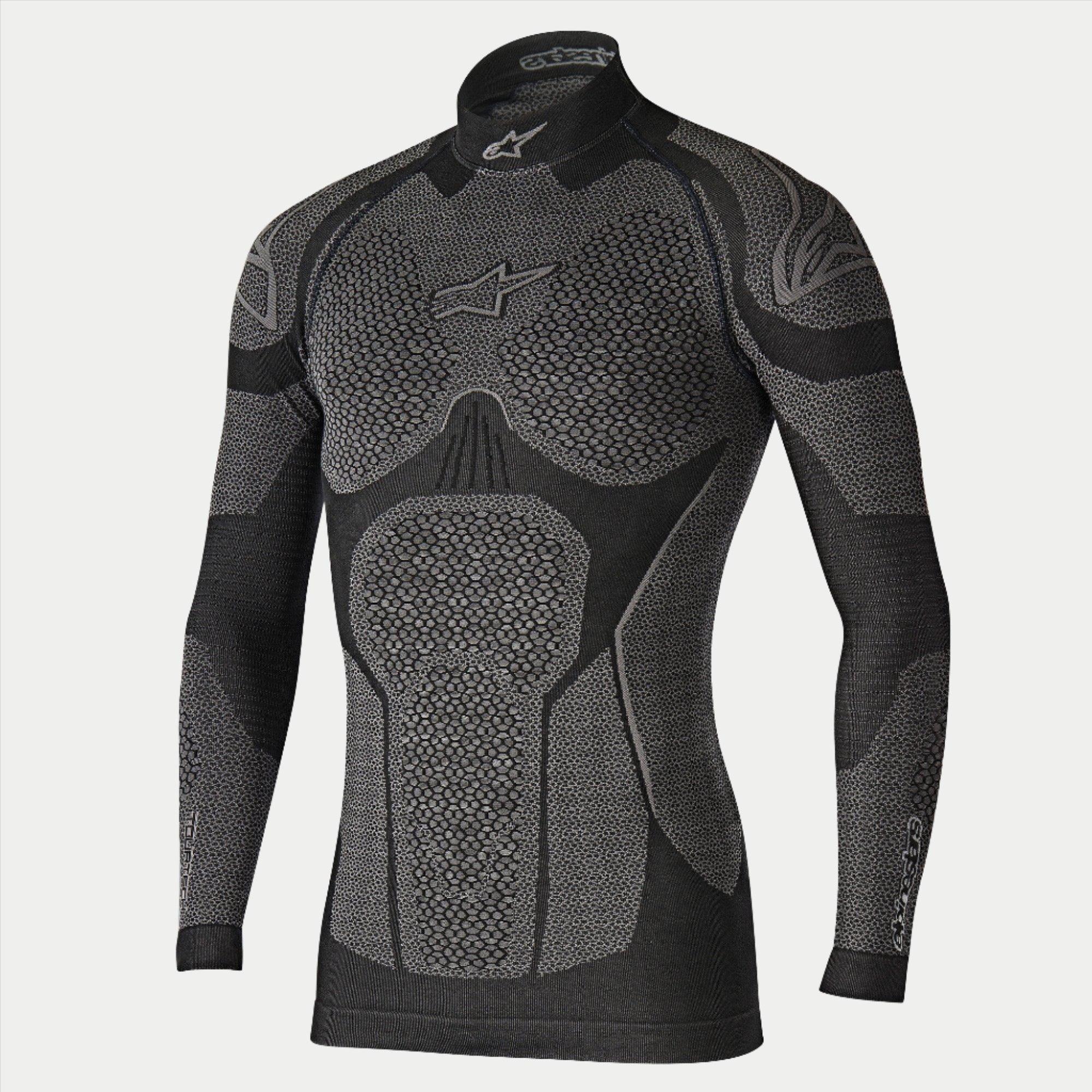 Alpinestars Ride Tech Top à manches longues Winter, sous-couche technique de moto, noir et gris, haut technique à manches longues avec panneaux texturés en nid d'abeille à double densité, coupe compressive, col montant avec logo Alpinestars blanc, sous-vêtement thermique de performance pour le froid