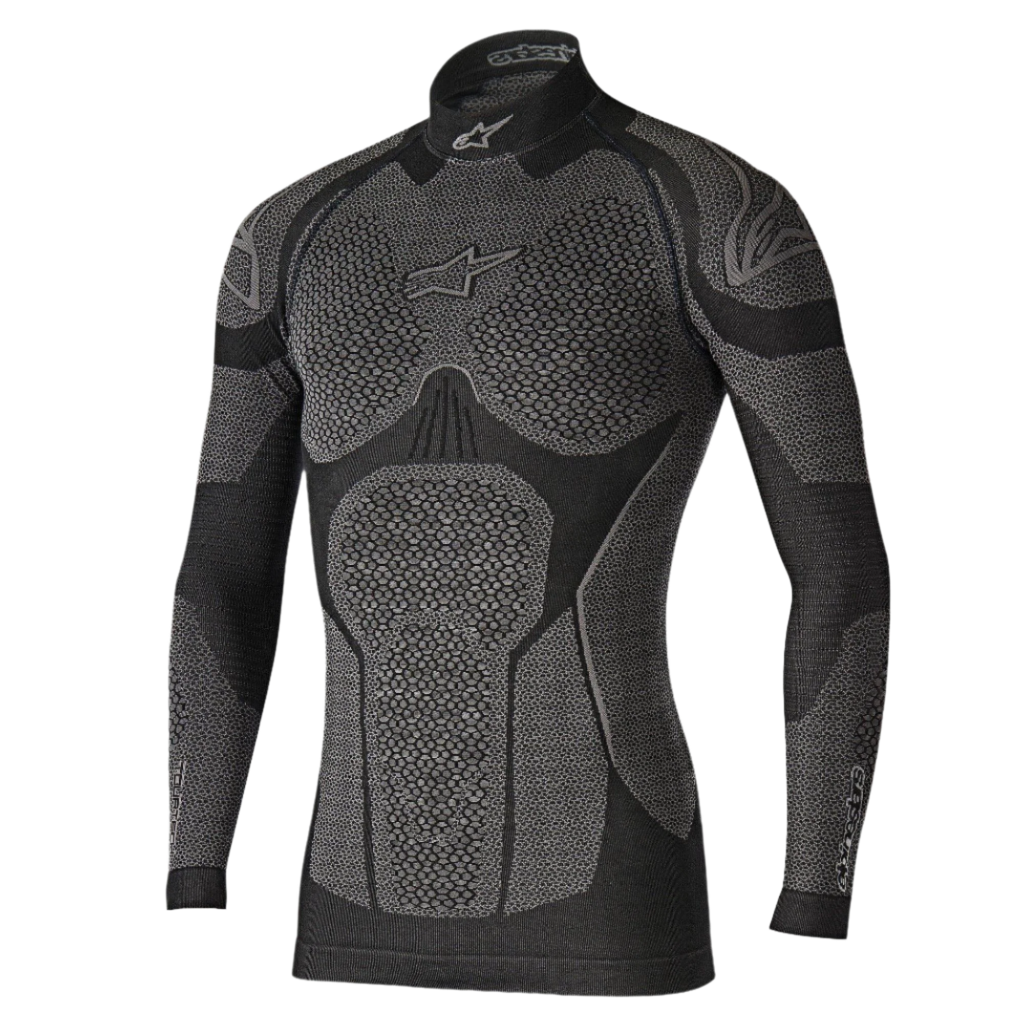 Alpinestars Ride Tech Top Long Sleeve Winter, couche de base technique, noir et gris, avec panneaux texturés en nid d'abeille, col montant et coupe compressive pour la conduite moto par temps froid