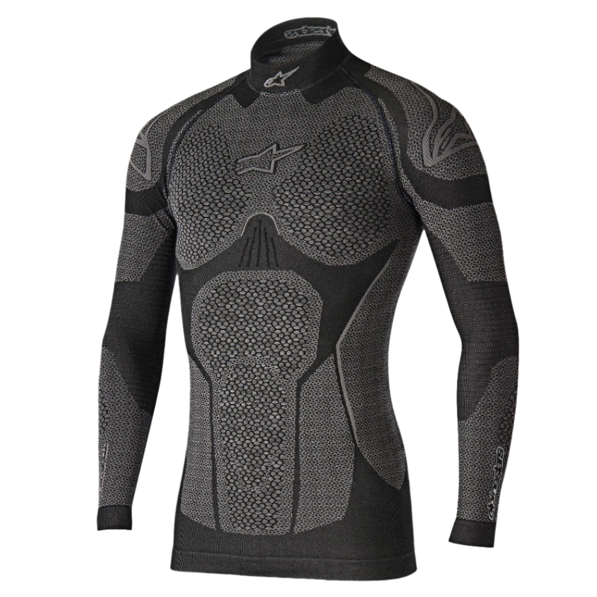 Alpinestars Ride Tech Top Long Sleeve Winter, couche de base technique, noir et gris, avec panneaux texturés en nid d'abeille, col montant et coupe compressive pour la conduite moto par temps froid