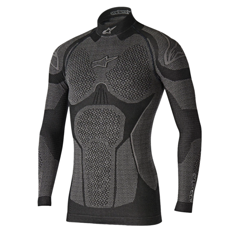 Alpinestars Ride Tech Top Long Sleeve Winter, Technical Base Layer, Black and Gray, featuring honeycomb textured panels, mock neck design, and compression fit for cold weather motorcycle riding