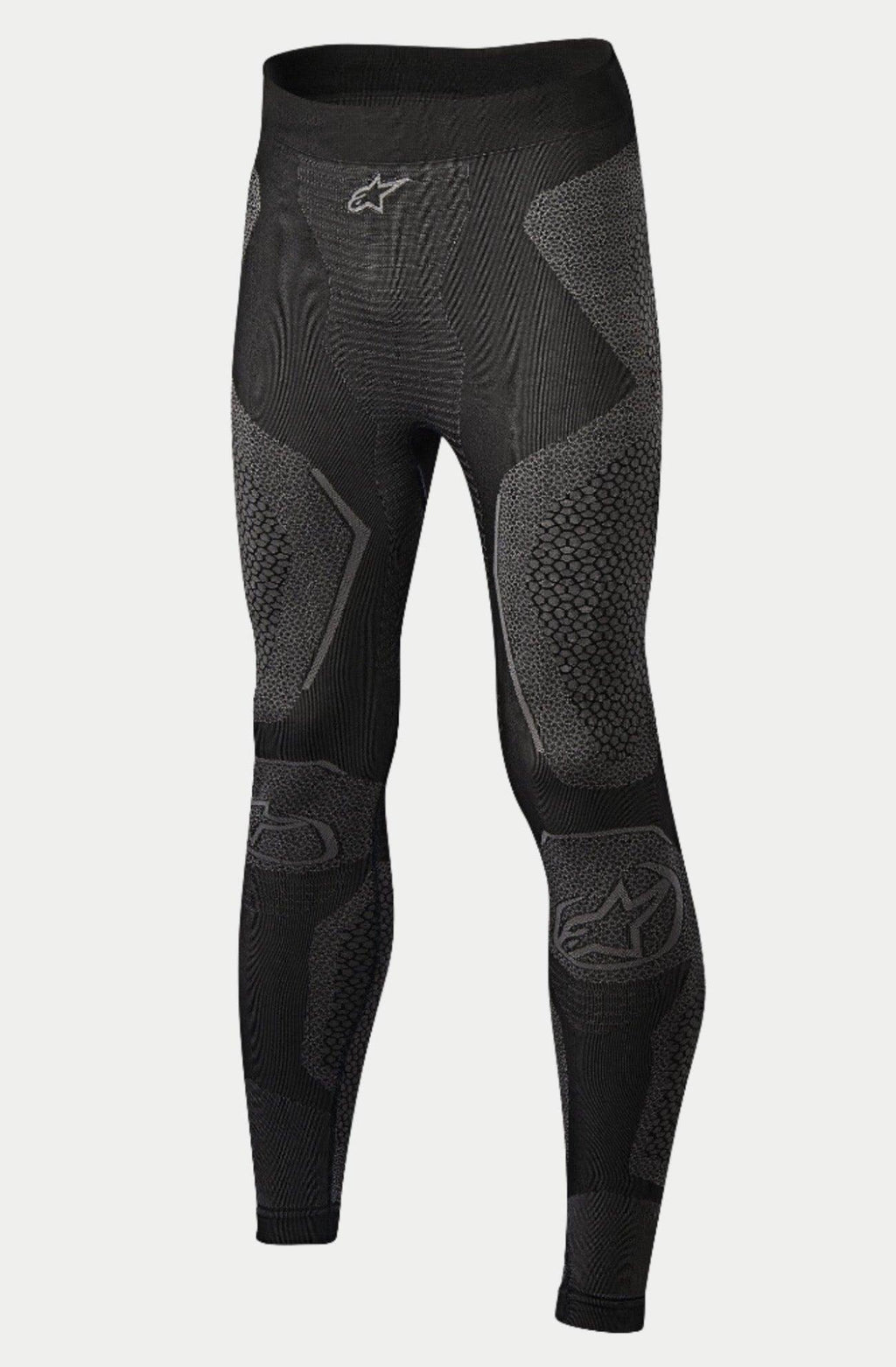 Alpinestars Ride Tech Bottom Winter, pantalon de sous-couche moto, noir et gris, avec panneaux en maille double densité aux motifs texturés, construction sans couture, logos Alpinestars sur la taille et les tibias, conçu pour la conduite par temps froid
