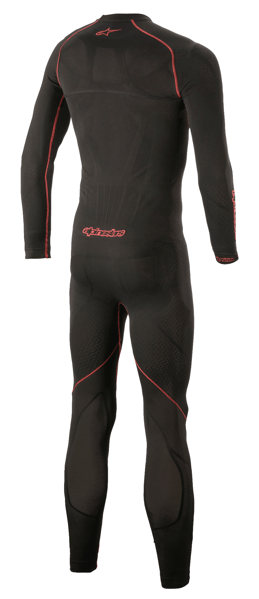 Sous-combinaison Alpinestars Ride Tech Lite 1-Pièce, couche de base technique pour moto, noir et rouge, vue de dos mettant en évidence les coutures plates rouges et le logo Alpinestars, coupe de compression sans couture avec empiècements en mesh respirant.