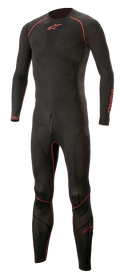 Alpinestars Ride Tech Lite 1-Piece Undersuit, sous-combinaison moto intégrale noire avec accents rouges, couche de base ajustée avec motif texturé, liserés rouges sur les épaules, les bras et les jambes, logo étoile rouge sur la poitrine et la cuisse, construction sans couture pour un confort optimal sous les combinaisons de course