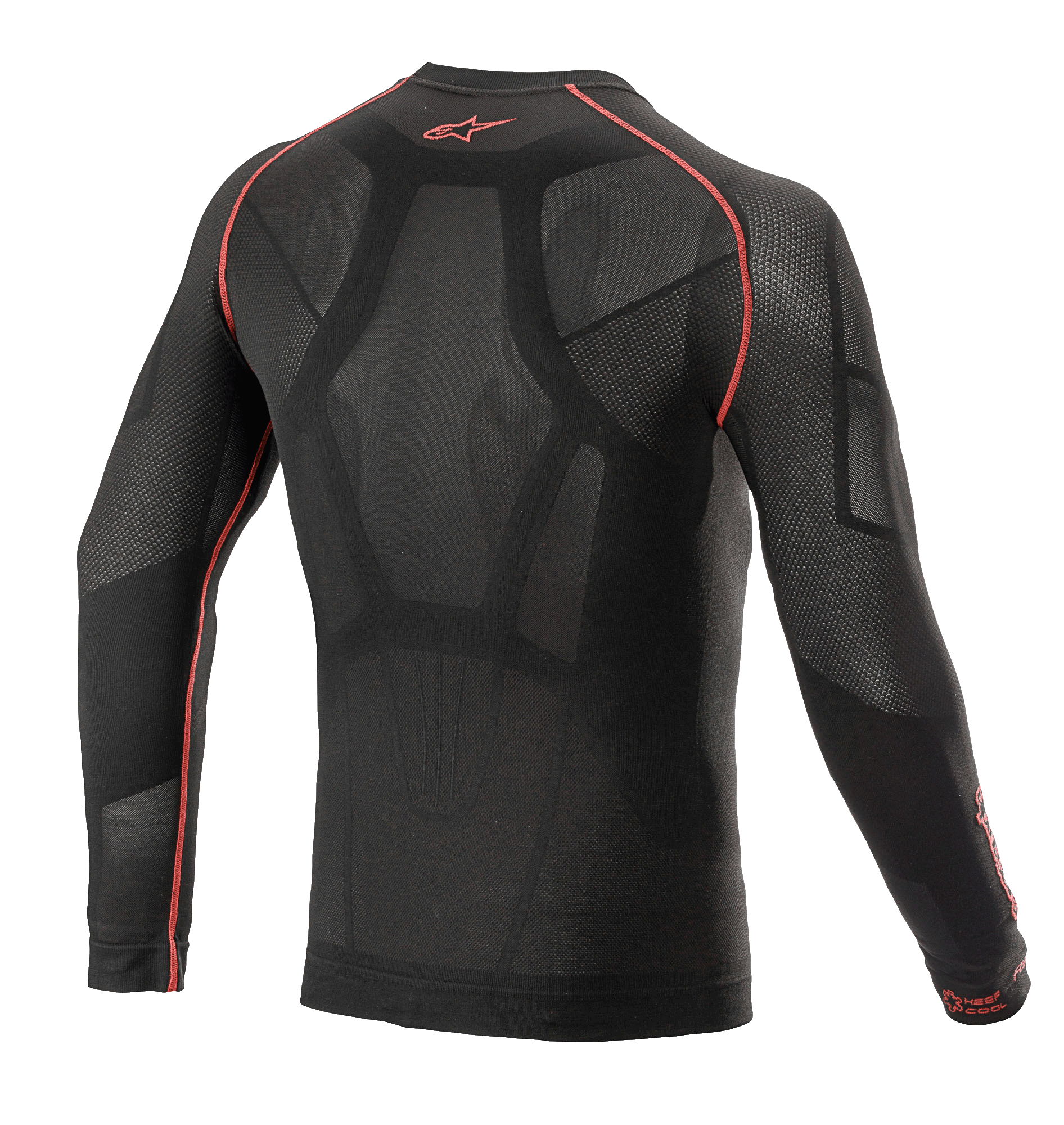 Alpinestars Ride Tech V2 Top Long Sleeve Summer, Motorcycle Base Layer, Black and Red, back view featuring body-mapped construction with open mesh inserts, red flatlock seams, and red Alpinestars logo on the back collar, technical underlayer for warm weather.
