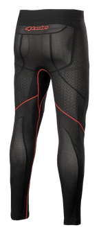 Alpinestars Ride Tech V2 Bottom Summer, sous-pantalon de moto, noir et rouge, vue arrière montrant des coutures contrastées rouges, logo Alpinestars rouge sur la ceinture et empiècements en mesh respirant pour la conduite par temps chaud.