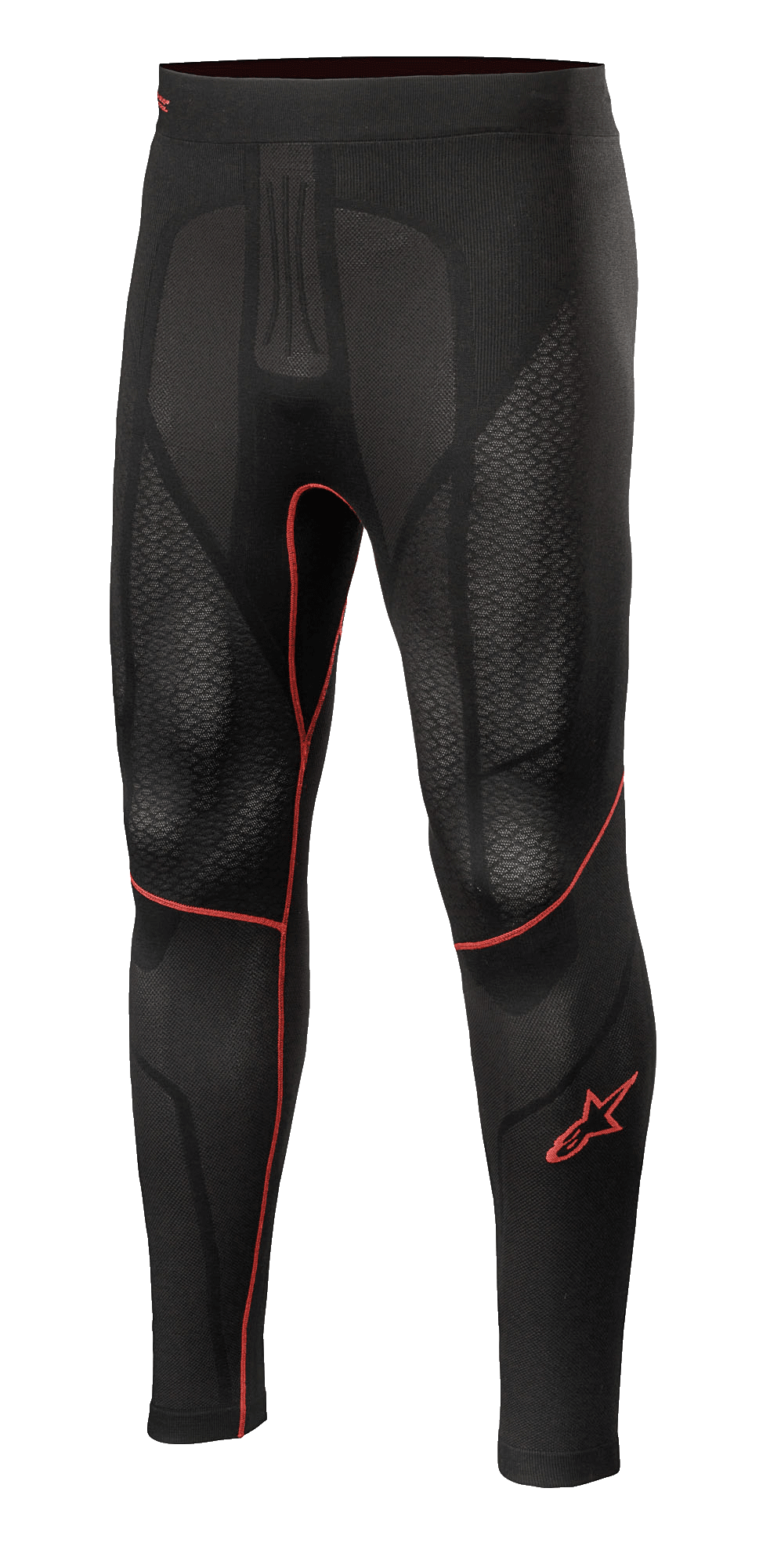 Alpinestars Ride Tech V2 Bottom Summer, pantalon de sous-vêtement pour moto, noir avec accents rouges, panneaux en mesh texturé, logo étoile rouge sur la jambe, couche de compression respirante haute performance