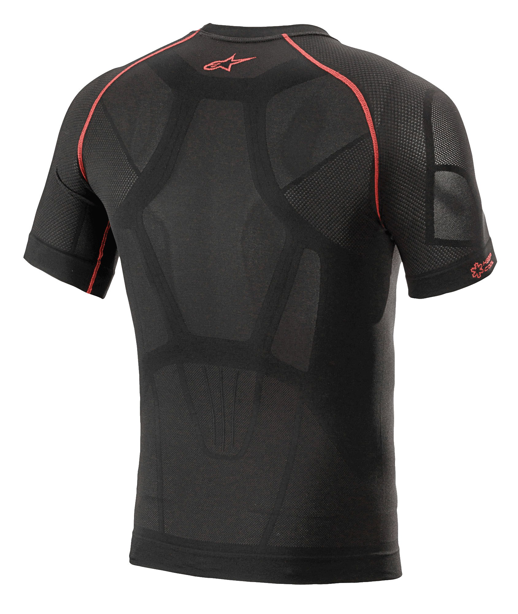 Alpinestars Ride Tech V2 Top Manches Courtes Été, sous-couche technique moto, noir et rouge, vue arrière montrant une conception cartographiée avec panneaux de ventilation en mesh, coutures contrastées rouges et logo Astars rouge sur le haut du dos