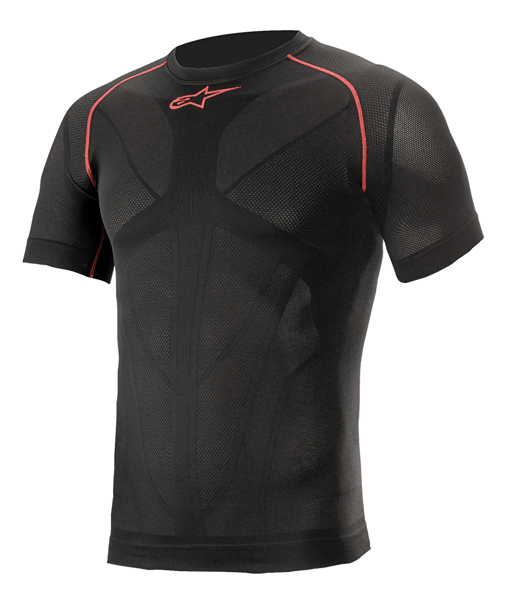 Alpinestars Ride Tech V2 Top Short Sleeve Summer, noir avec accents rouges, haut technique de moto à manches courtes, coupe de compression avec panneaux de ventilation en mesh cartographiés, vêtement technique de performance pour la route et la piste en été